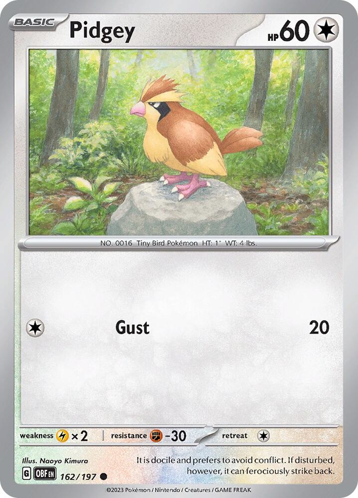 Pidgey - 162/197 - SV03: Obsidian Flames (OBF) - Reverse Holofoil - Pokemon TCG Card