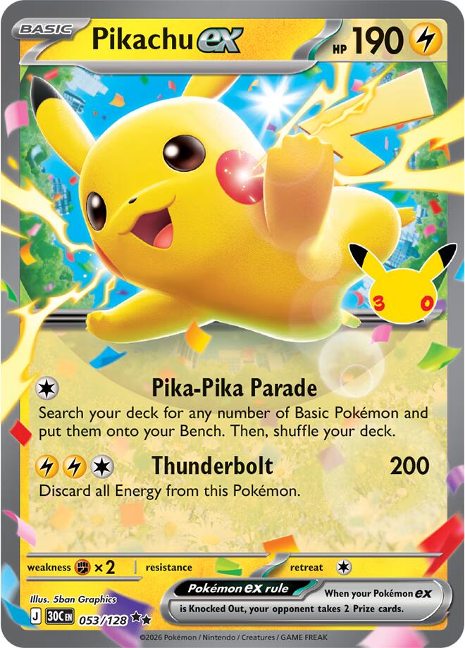 Pikachu ex - 053/128 - ME: 30th Celebration (30C) - Double Rare - Holofoil - Pokemon TCG Card