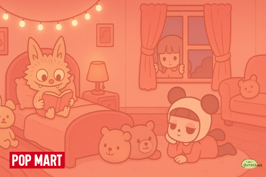 Illustration of a child reading to a fox in a cozy room with teddy bears and a Pop Mart logo.