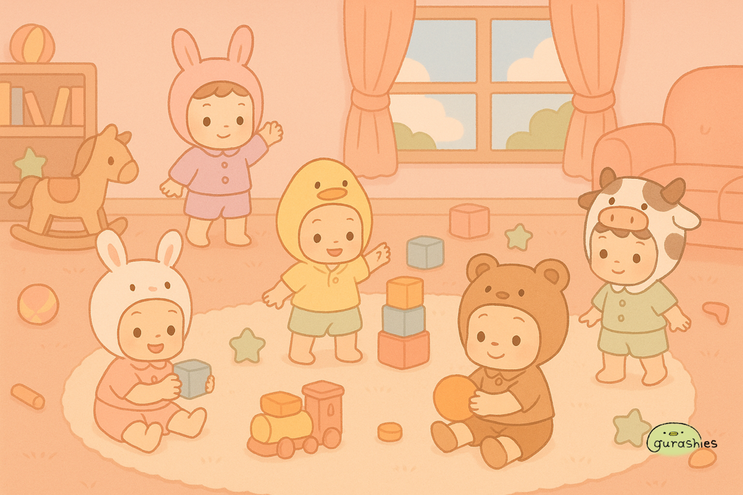 Children's room with Sonny Angel in colorful outfits playing.