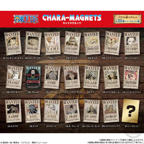 A product display sheet for One Piece Chara Magnets, showing 20 different character wanted poster magnets arranged in a grid on a dark wood background, with a gold question mark magnet missing from the set.
