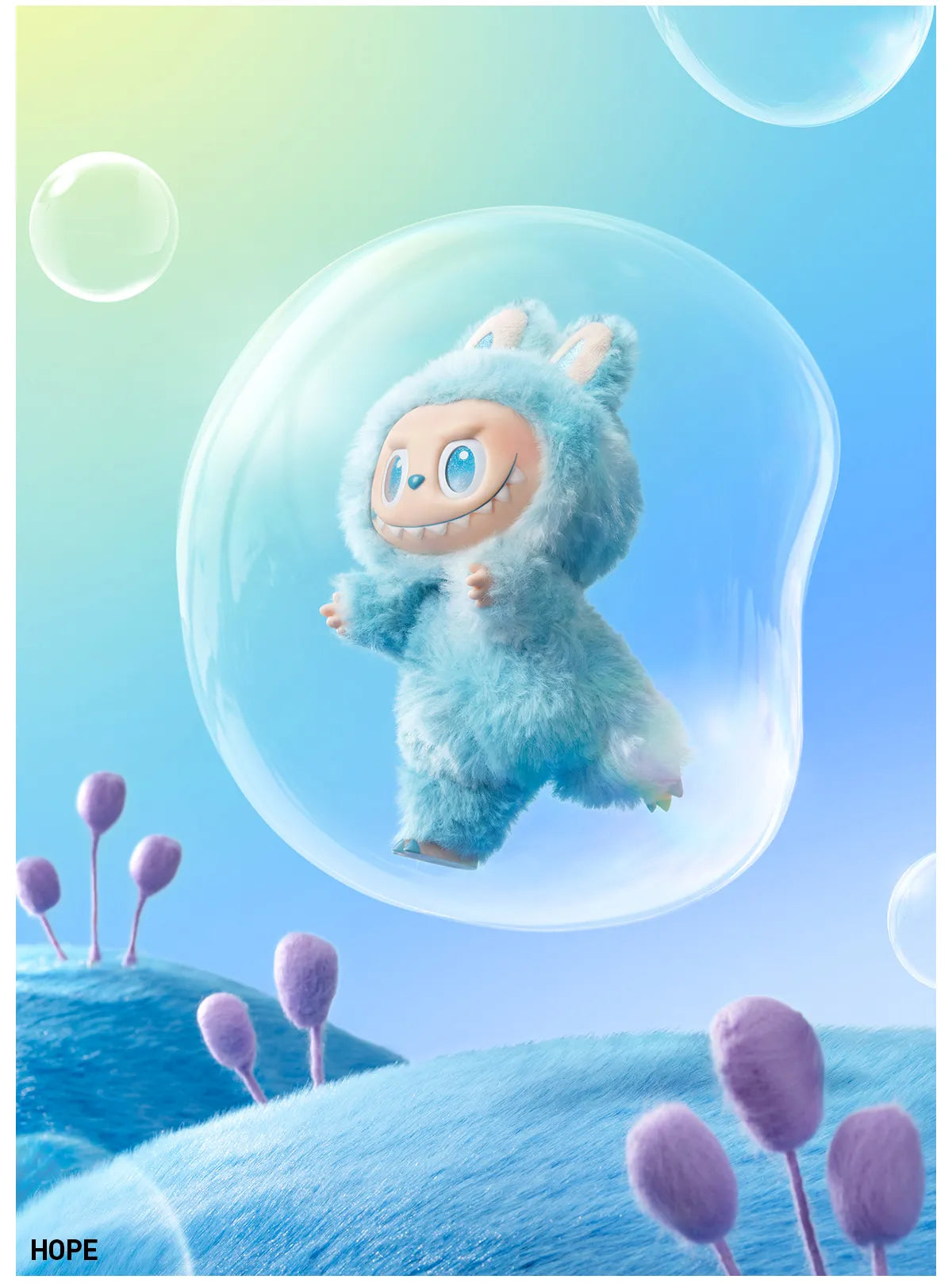 Cartoon character in a bubble with a pastel gradient background