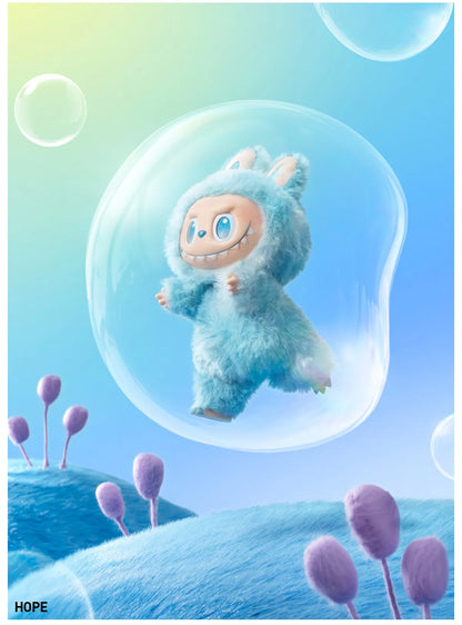 Cartoon character in a bubble with a pastel gradient background