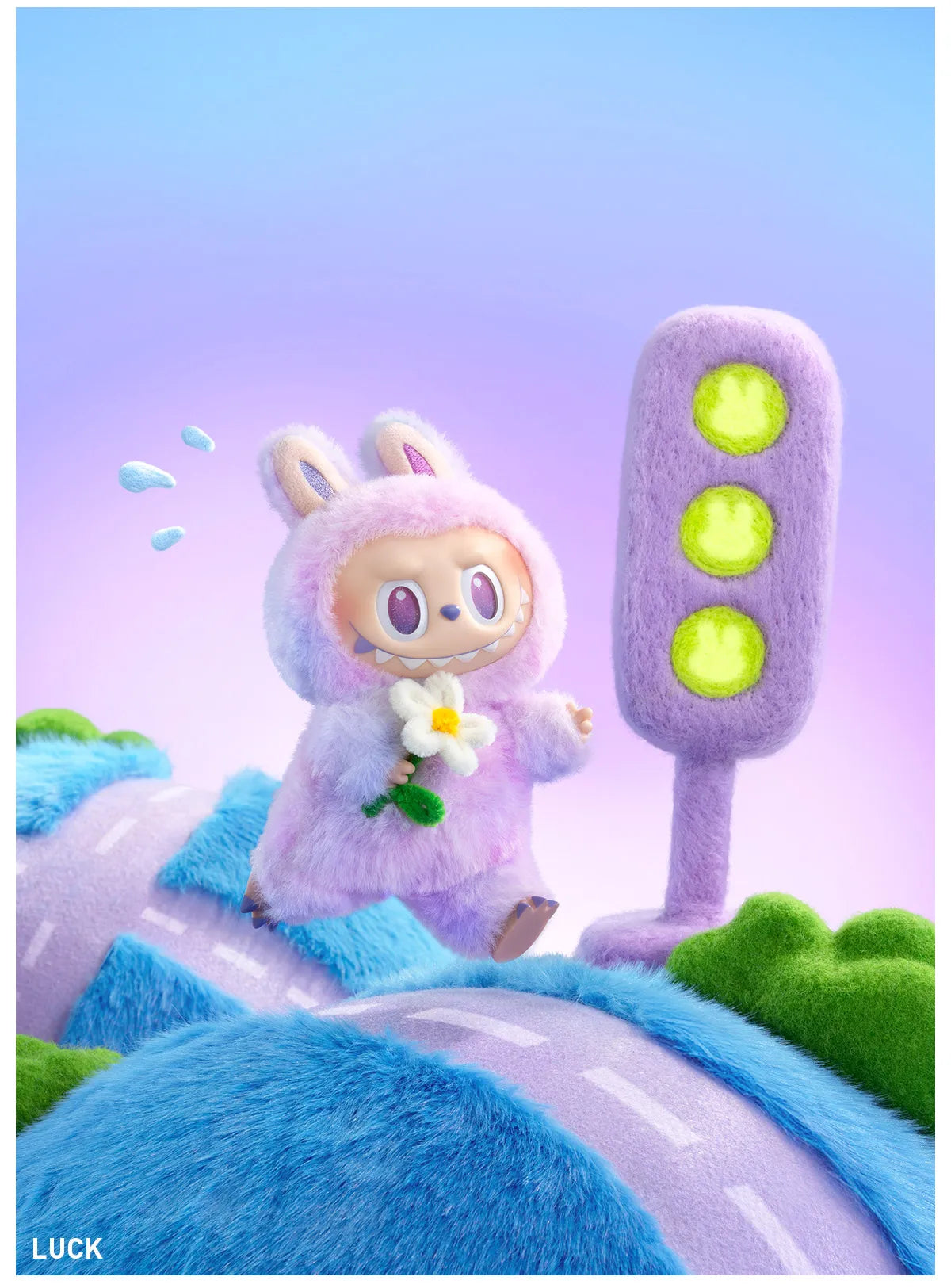 Cartoon character in a purple outfit with bunny ears standing next to a traffic light on a colorful background.
