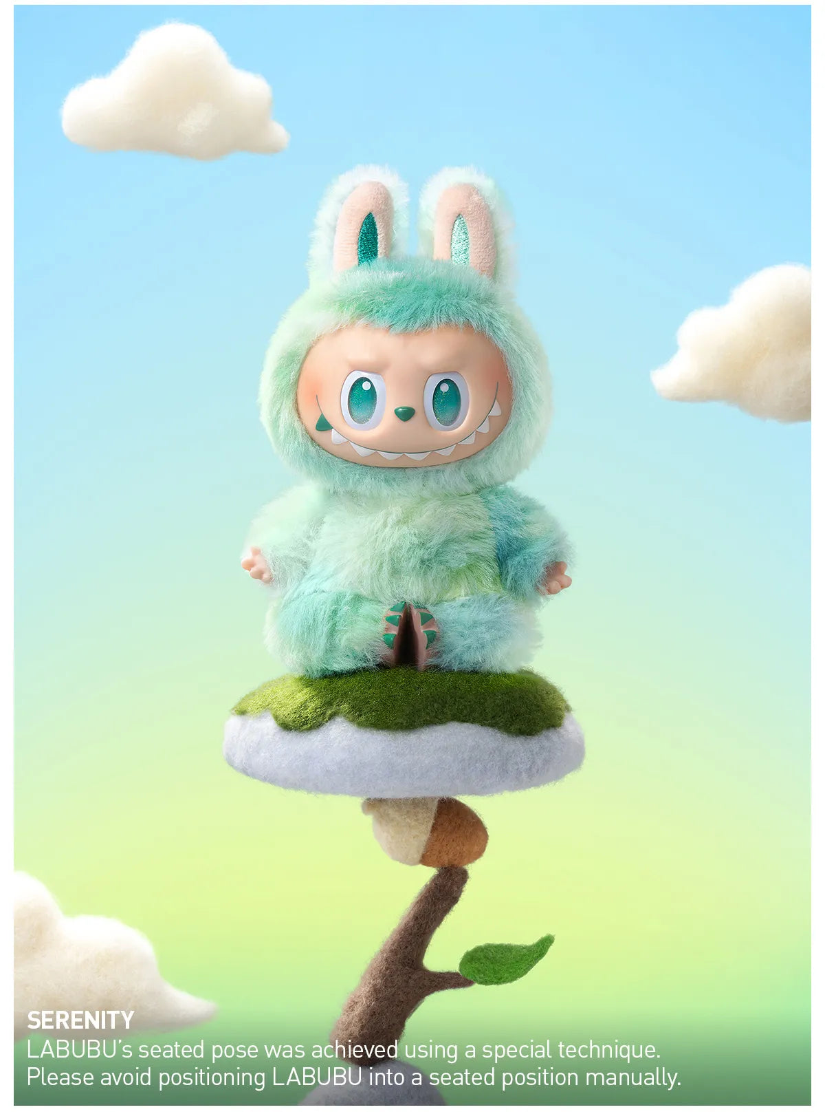 Plush toy resembling a character with bunny ears on a cloud, with a blue sky background.