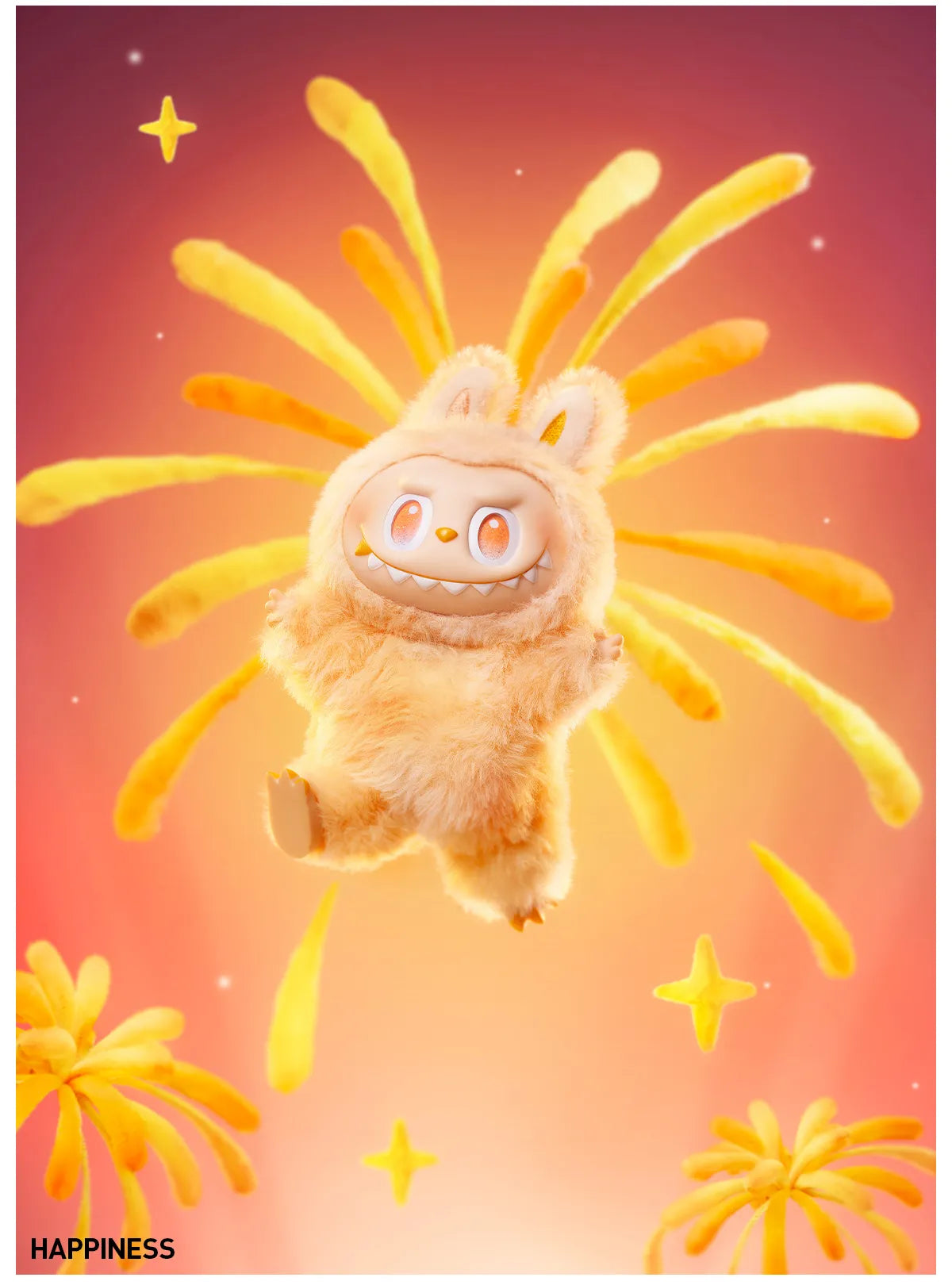 Plush toy with sun-like design on a warm gradient background with 'Happiness' text.