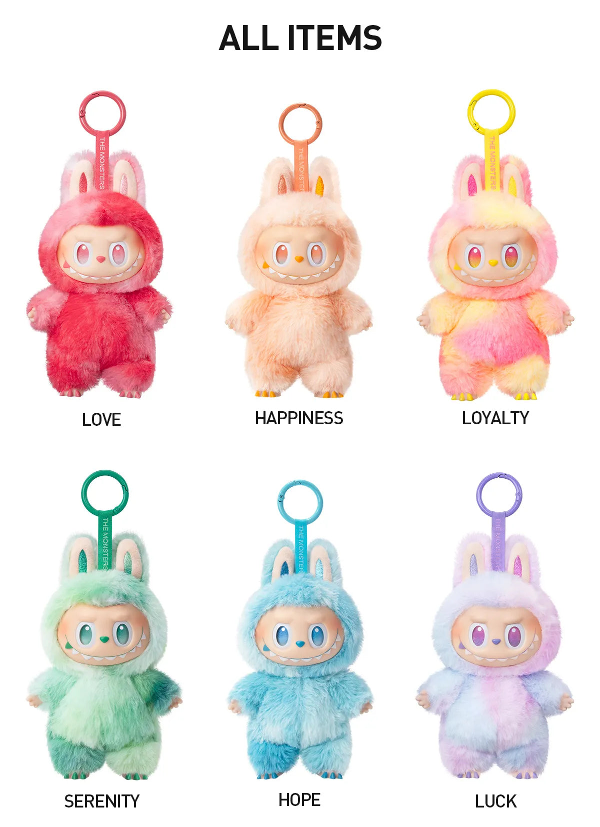 Set of six colorful Labubu Big into Energy plush keychains with different colored bodies and animal ears on a white background.
