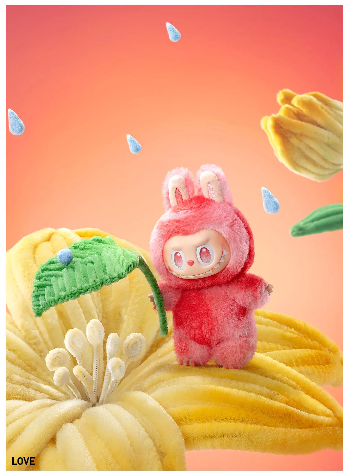 Plush toy in a red outfit with bunny ears standing on a yellow floral background with raindrops.