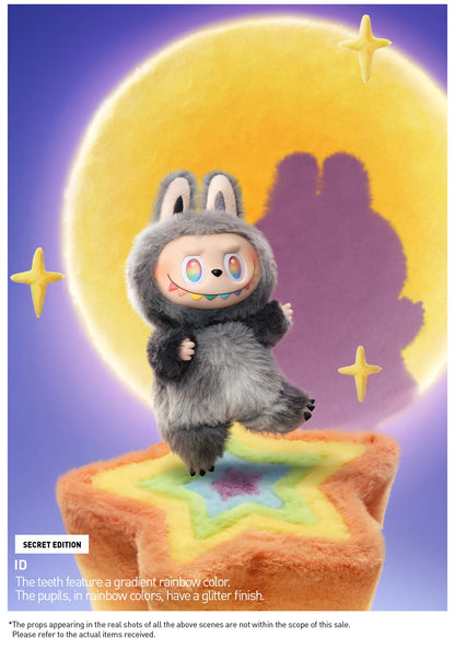 Secret Labubu Toy figure in a black standing on a star-shaped platform with a purple background and yellow moon.