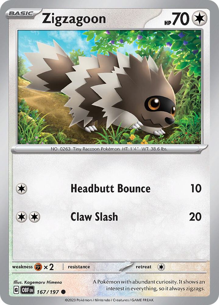 Zigzagoon - 167/197 - SV03: Obsidian Flames (OBF) - Reverse Holofoil - Pokemon TCG Card