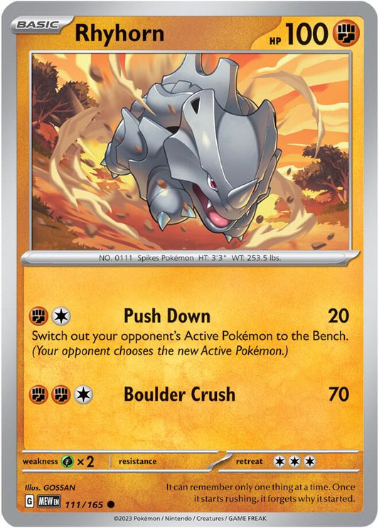 Rhyhorn - 111/165 - SV: Scarlet & Violet 151 (MEW) - Reverse Holofoil - Pokemon TCG Card