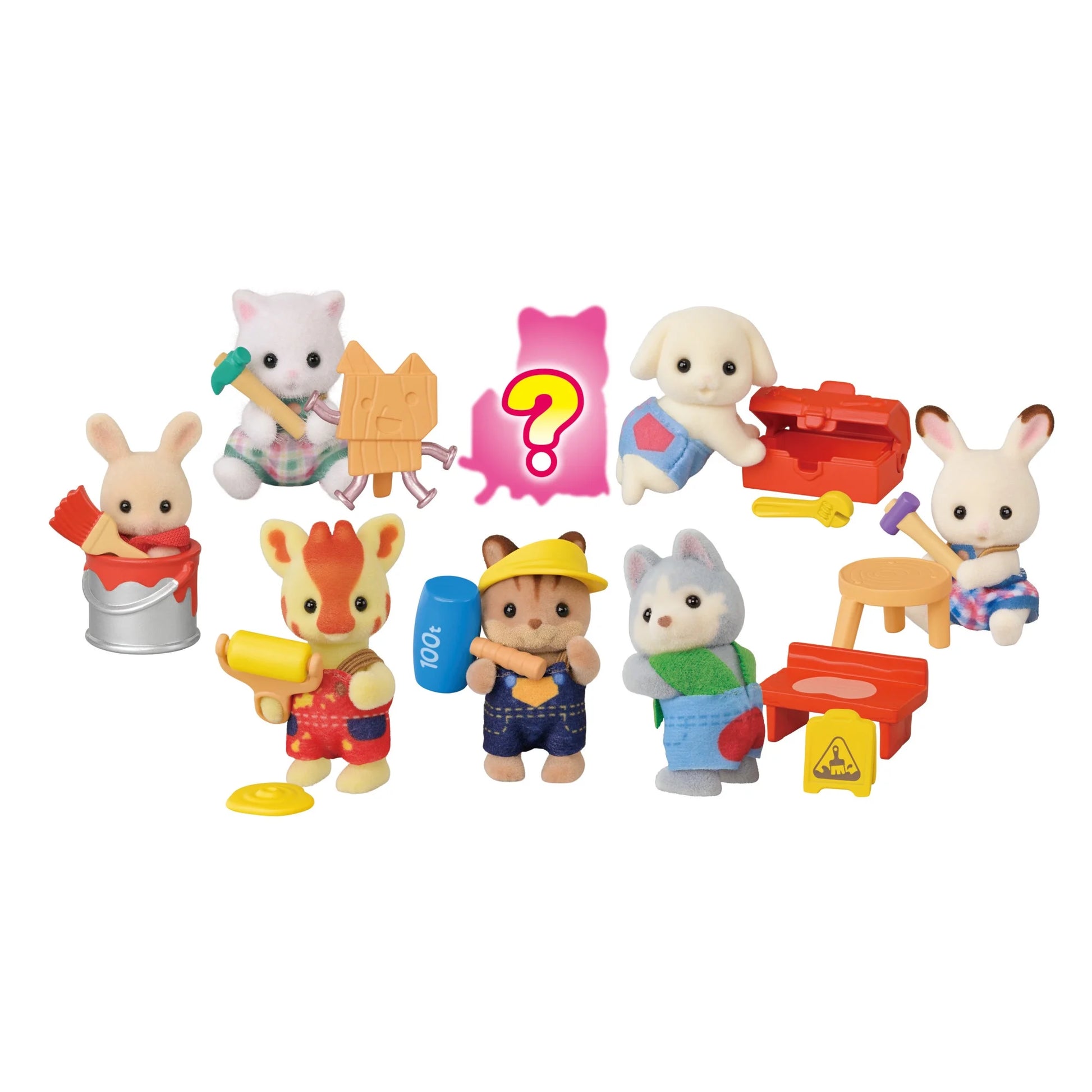 Set of sylvanian families baby builders toy figurines with various accessories on a white background