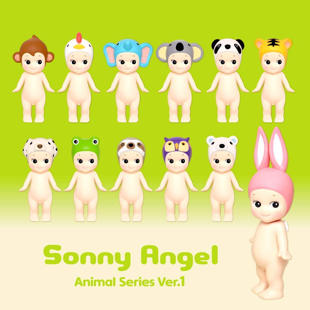 Collection of Sonny Angel animal-themed series 1 version 1 figurines on a gradient green background