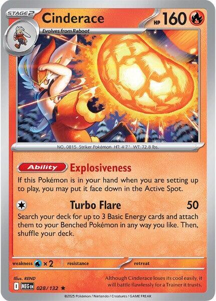 Cinderace - 028/132 - ME01: Mega Evolution (MEG) - Reverse Holofoil - Pokemon TCG Card