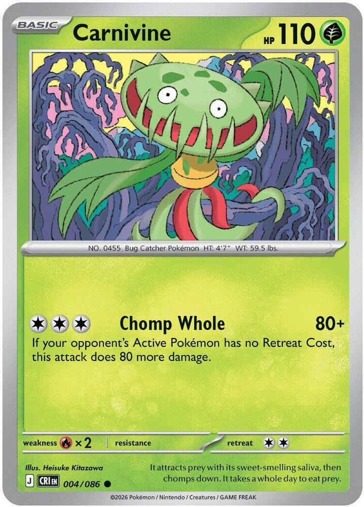 Carnivine - 004/086 - ME04: Chaos Rising (CRI) - Reverse Holofoil - Pokemon TCG Card