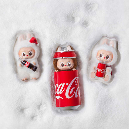 all coca cola labubu variants in snow each holding a can of coke