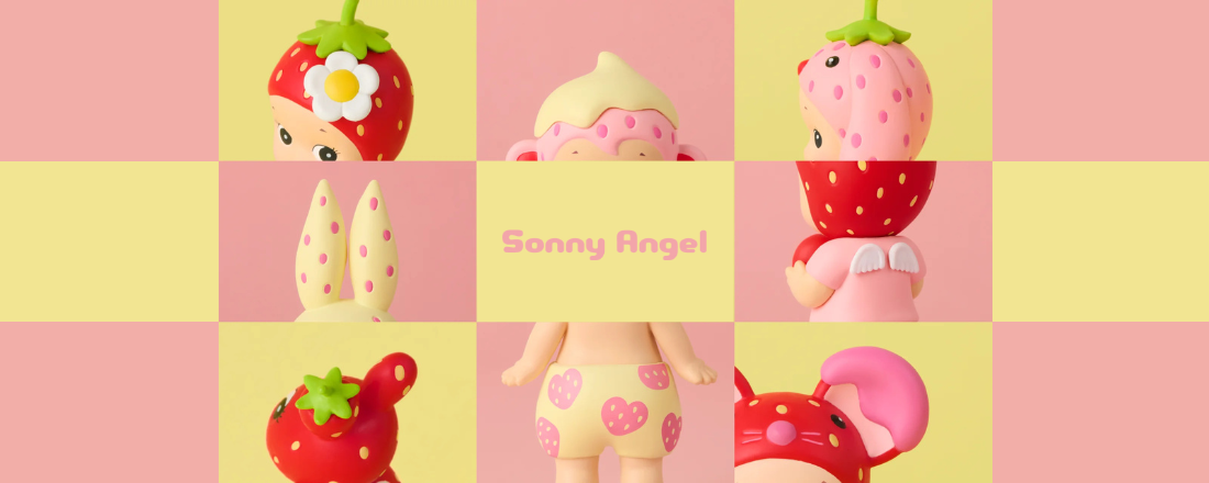 Collage of Sonny Angel figurines on a pink and yellow checkered background