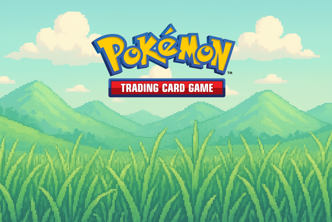 Pokémon Trading Card Game logo with a grassy field and mountains in the background