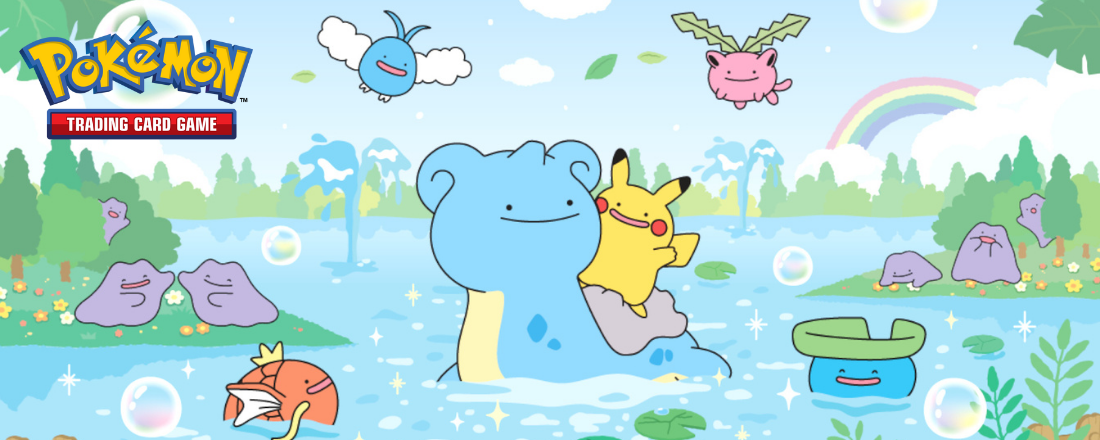 Pokémon trading card game banner with characters near a lake korean ditto art