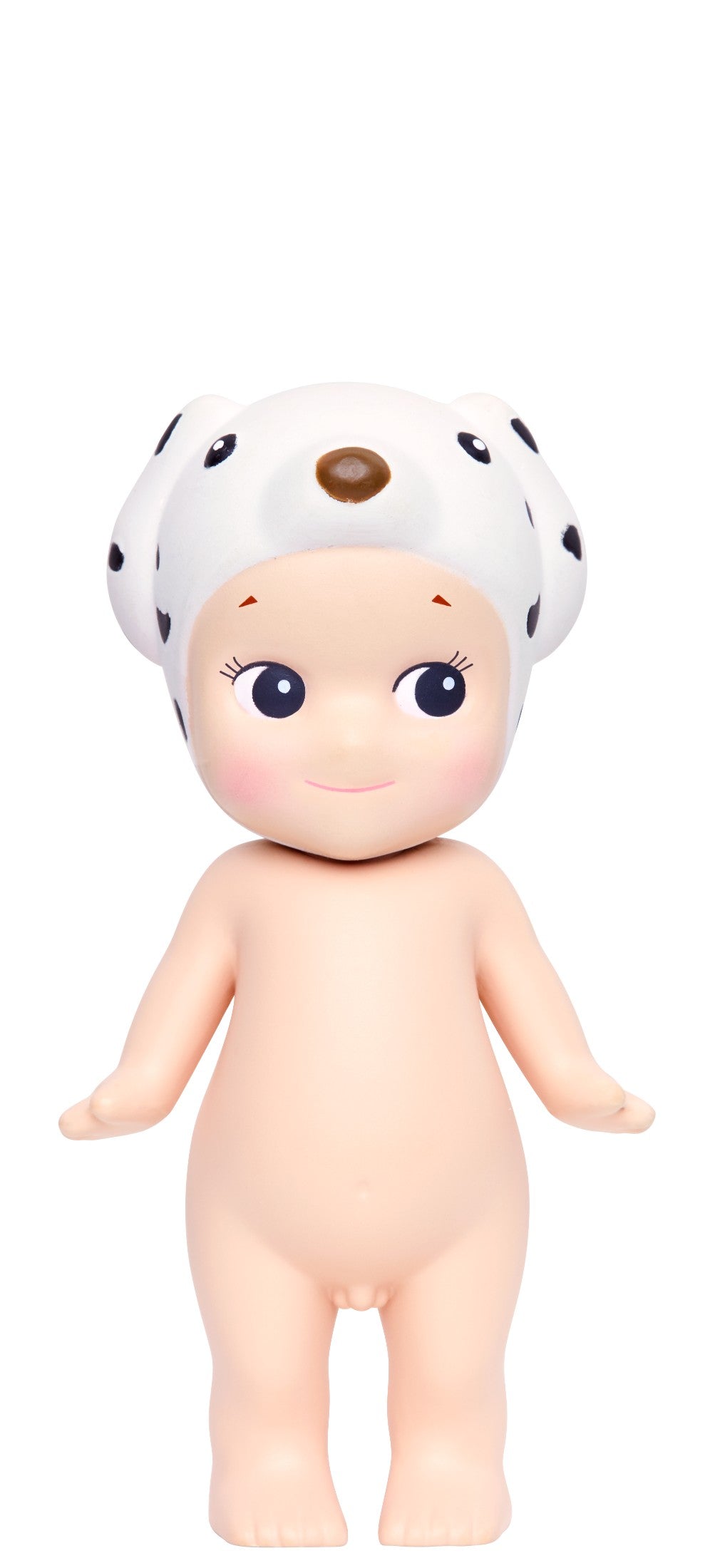 Sonny Angel doll with a white dalmatian headband featuring black polka dots on a white background