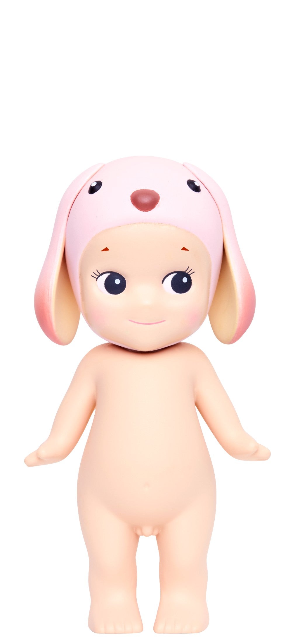 Toy figure with pink lop bunny ears on a white background