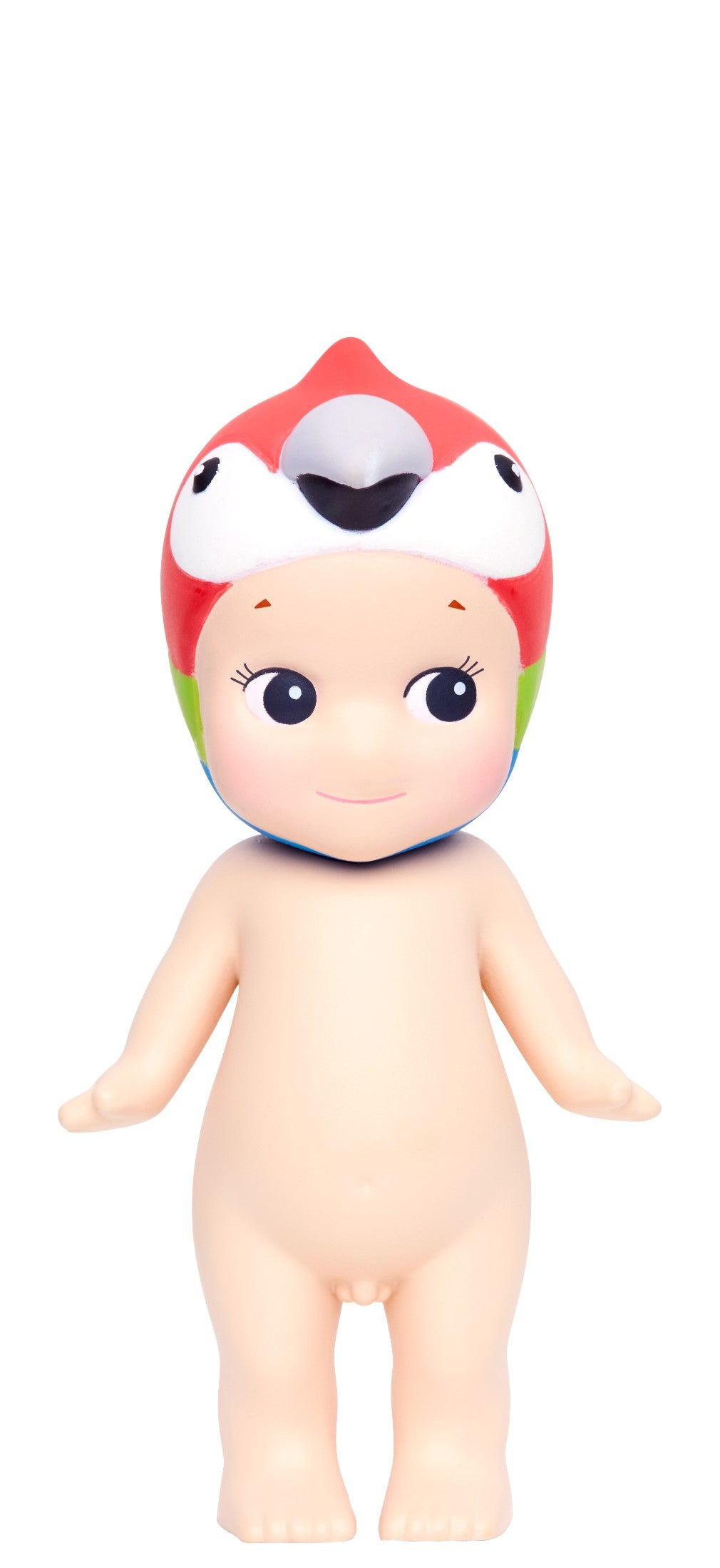 Toy figure with a colorful macaw hat on a white background