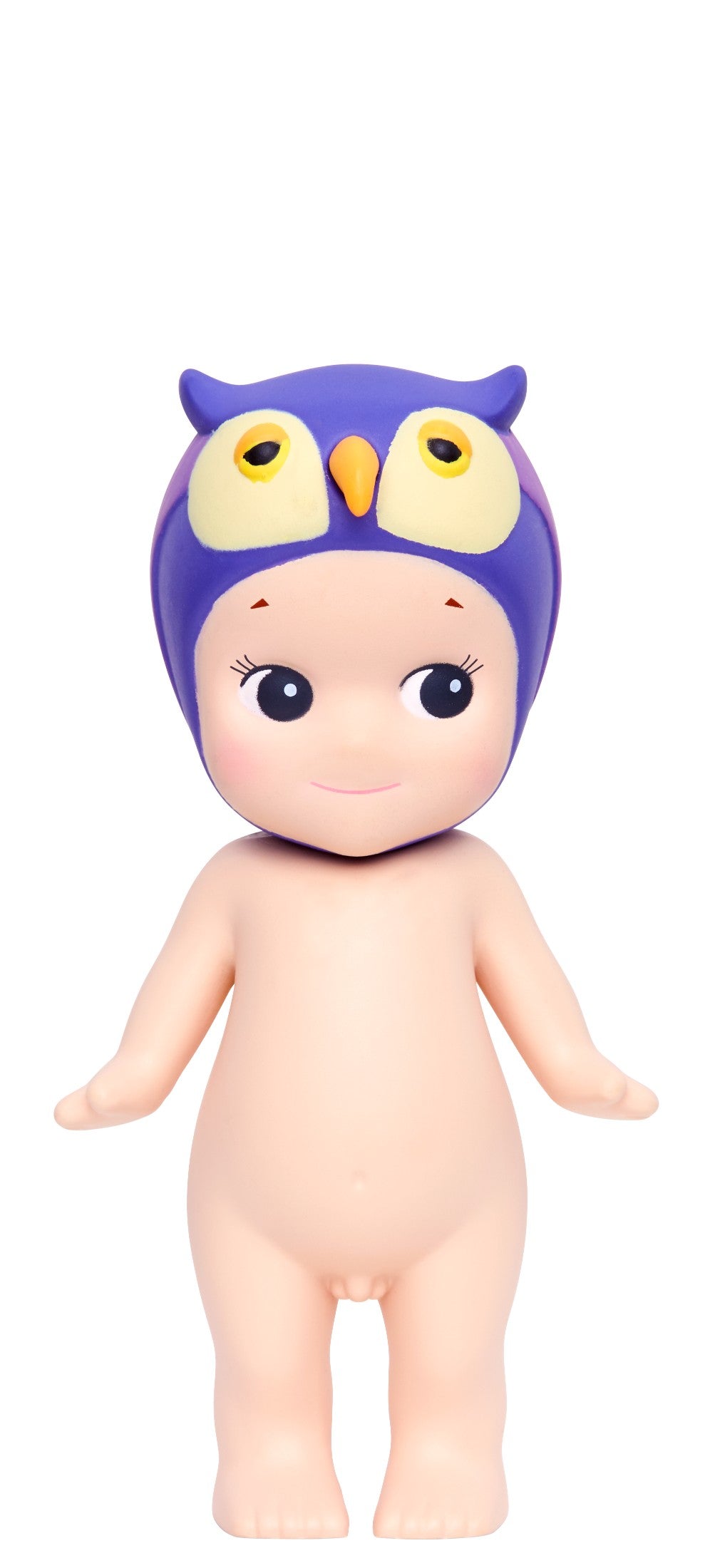 Sonny Angel with a purple hat featuring owl eyes on a white background