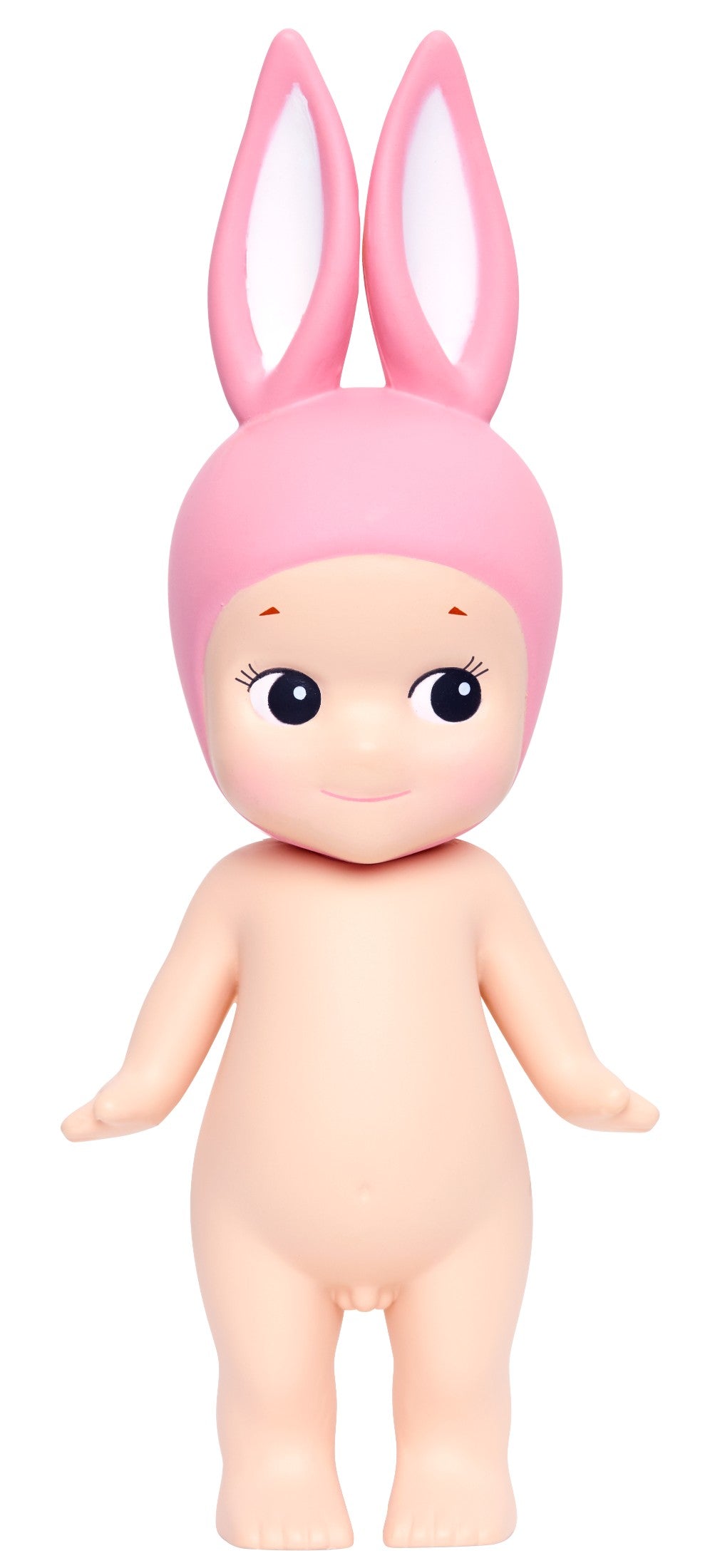 Sonny Angel Toy figure with pink head and rabbit ears on a white background