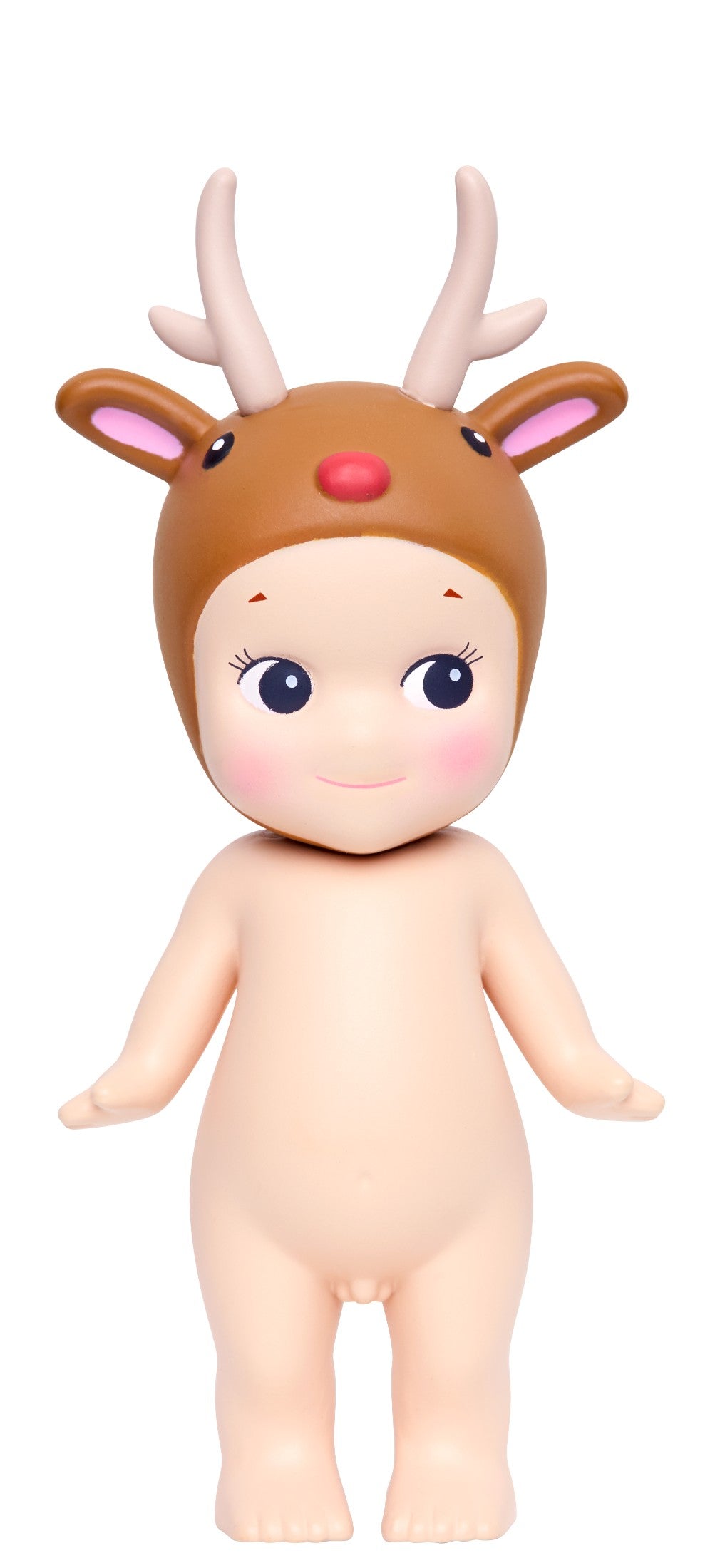 Sonny Angel Toy figure in a reindeer costume with large eyes and pink cheeks on a white background.