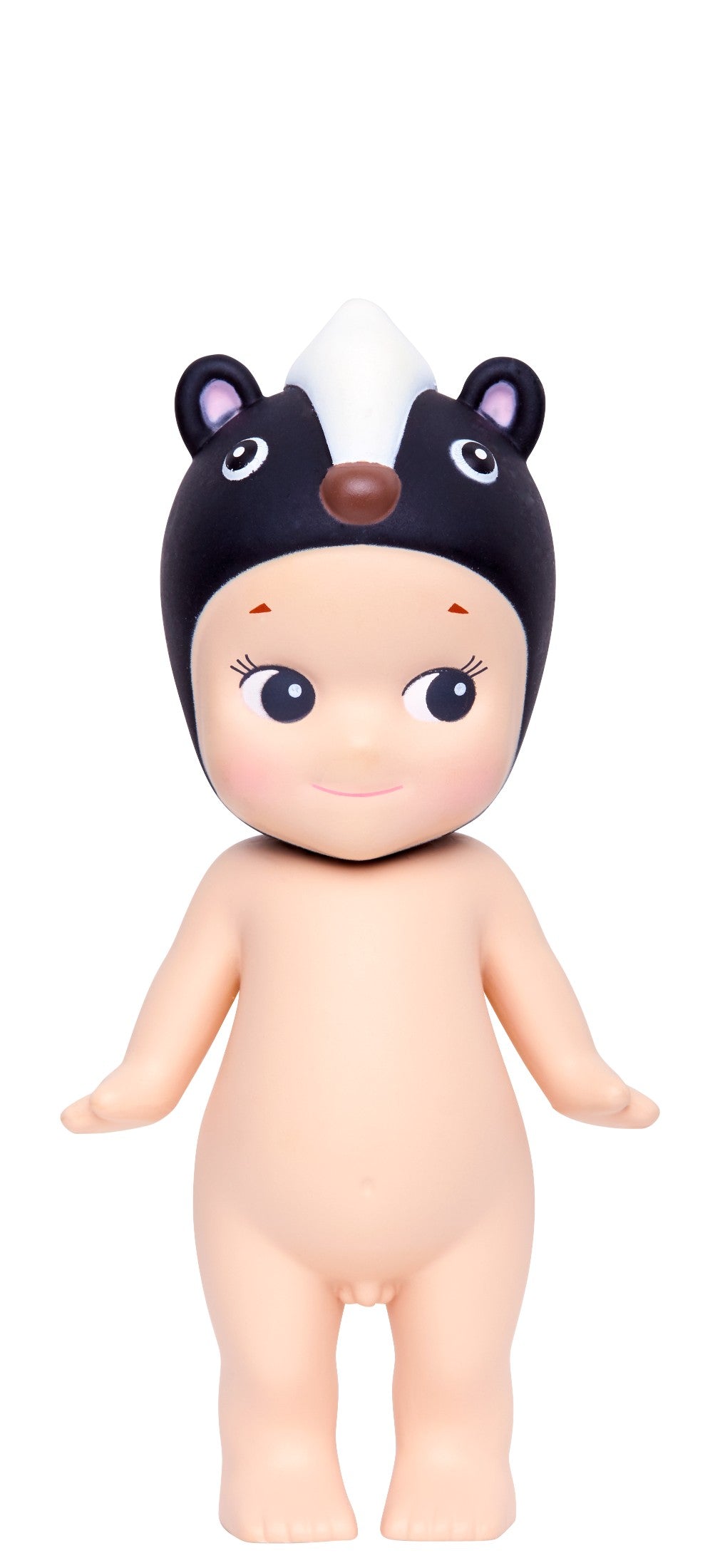 Naked doll with a black skunk hat on a white background