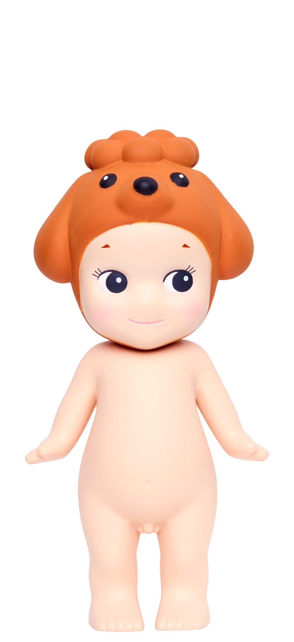 Sonny Angel  Naked doll with brown toy poodle hat and black eyes on a white background