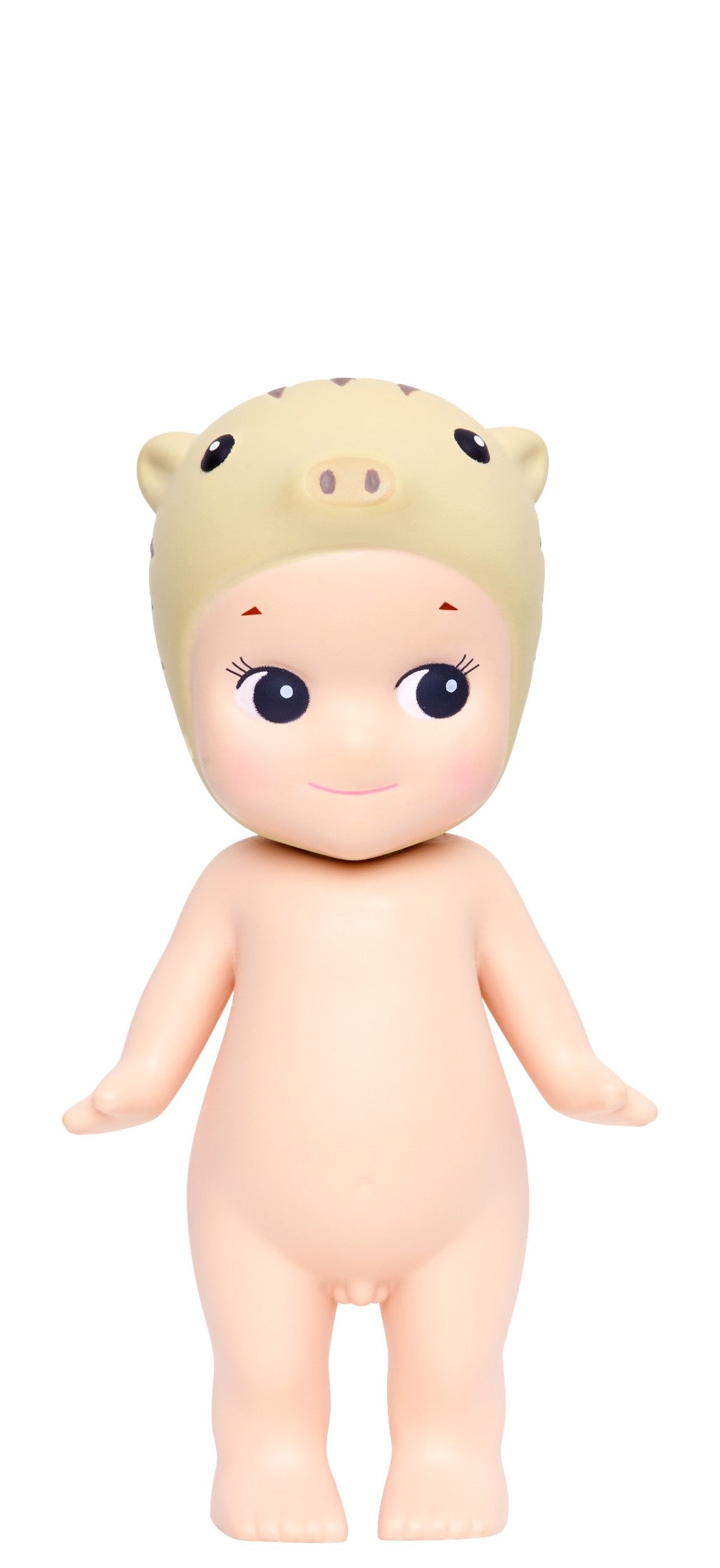 Naked doll with a beige uribou cap on a white background