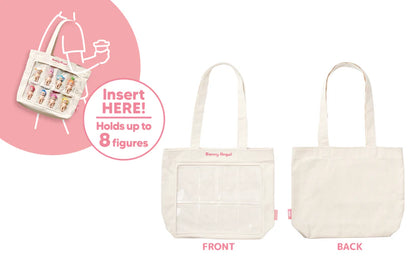 Two white tote bags with a pink circle and text on a white background