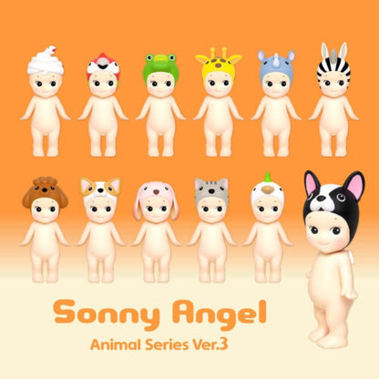 Collection of Sonny Angel figurines with animal-themed series 3 hats on an orange background