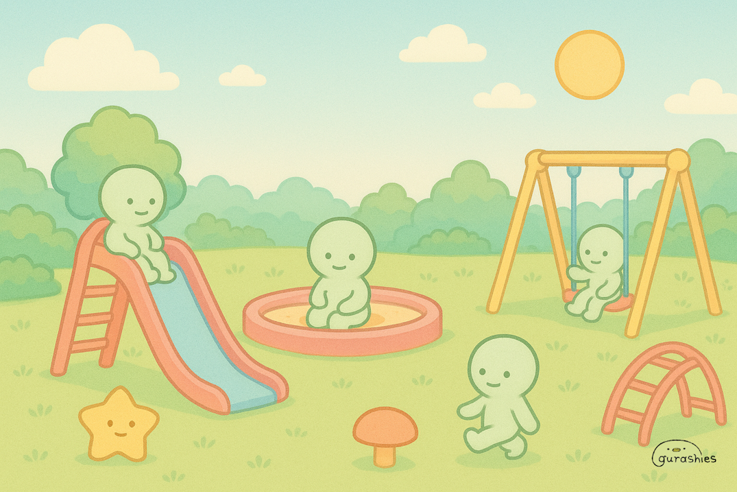 Cartoonish scene of smiskis playing on playground equipment with a sun and clouds in the background.