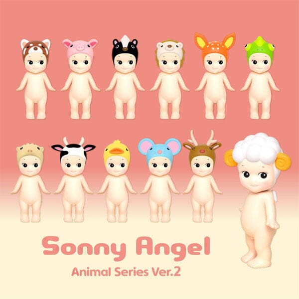 Sonny Angel Animal Series Ver.2 dolls with various animal hats on a pink background