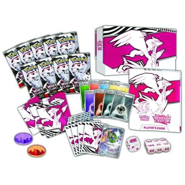 Pokémon trading card game set with cards, a player's guide, and dice on a white background