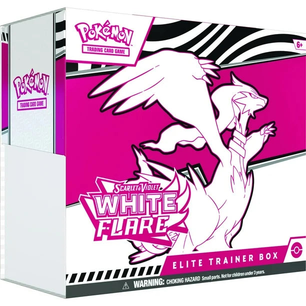Pokémon trading card game Elite Trainer Box with a pink and white dragon-like Reshiram creature on a pink background.